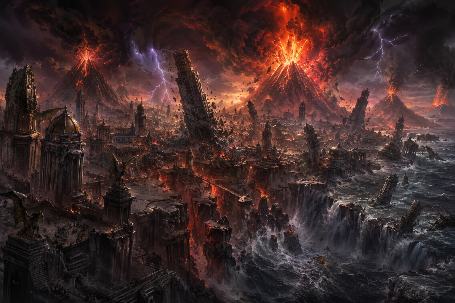 A shattered, lava-lit ruined city with erupting volcanoes and jagged peaks under stormy skies.