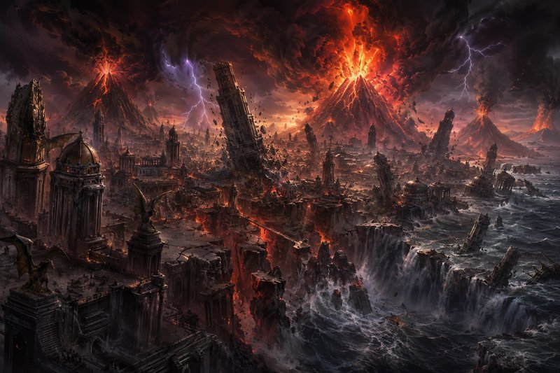 A shattered, lava-lit ruined city with erupting volcanoes and jagged peaks under stormy skies.