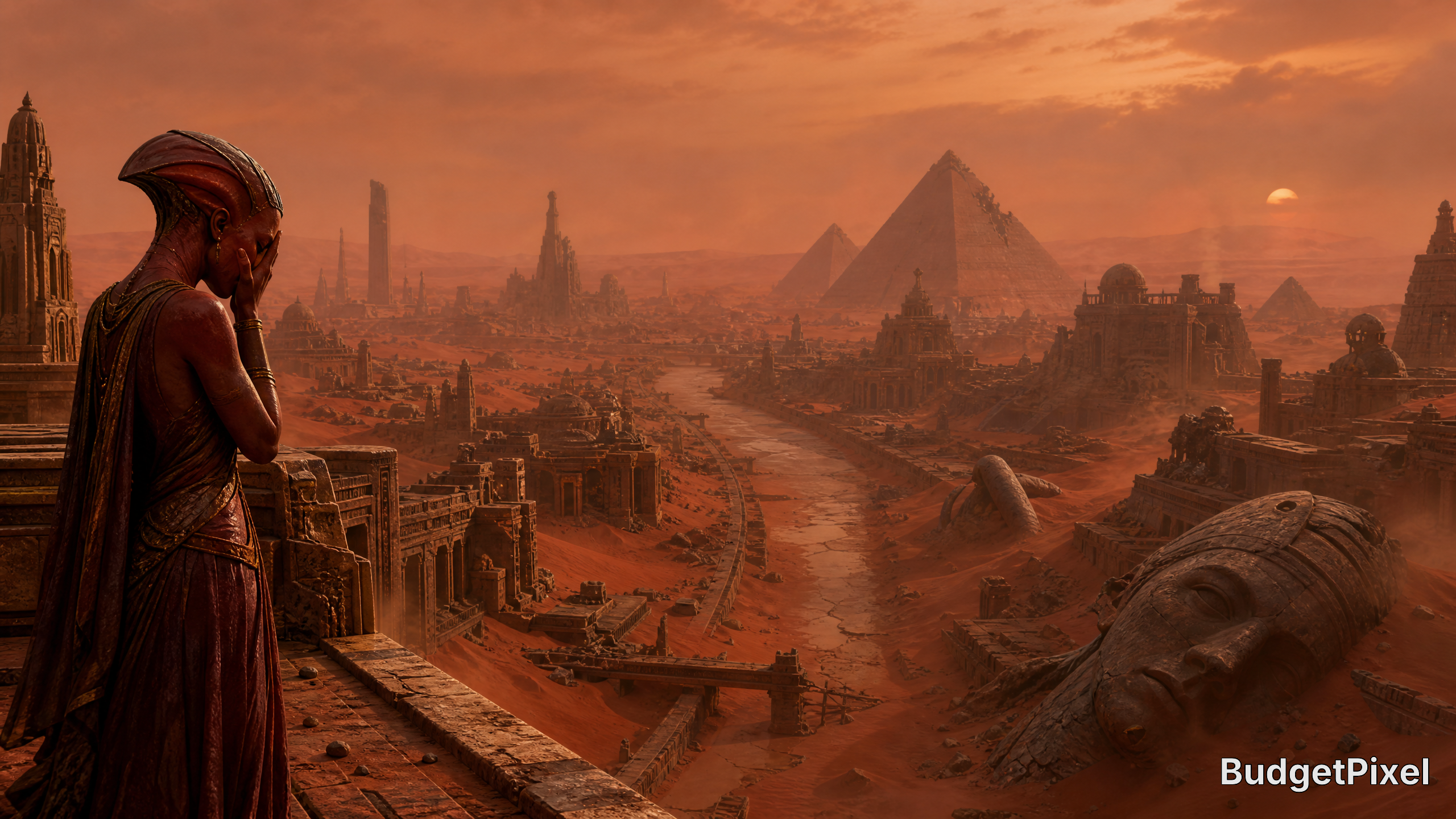A solitary woman in ancient robes gazes over a vast desert city with pyramids and colossal ruined statues at sunset.