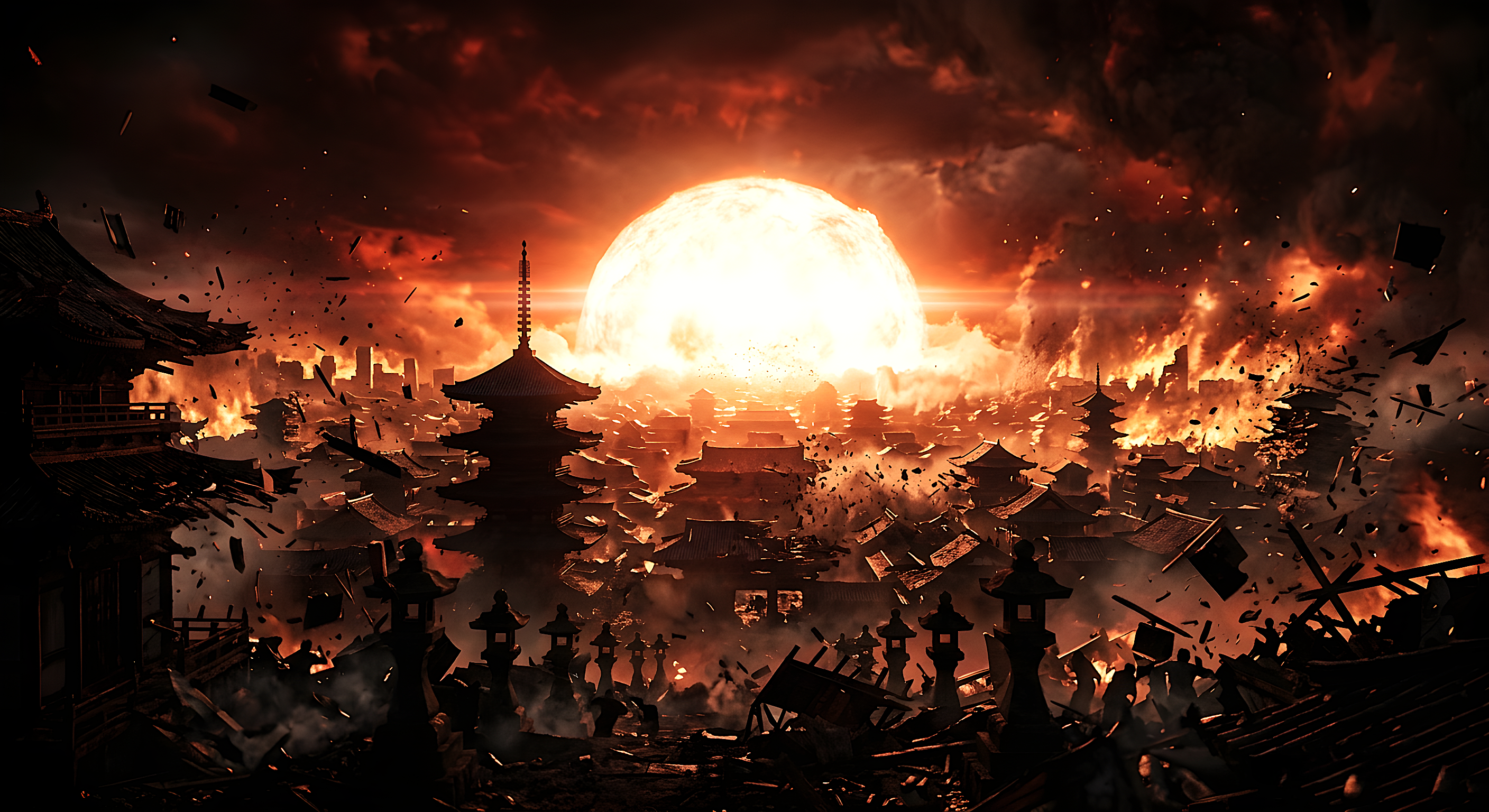 Silhouetted Asian temple city engulfed in flames with a massive fiery sun on the horizon