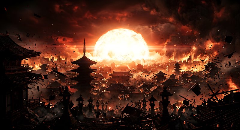Silhouetted Asian temple city engulfed in flames with a massive fiery sun on the horizon