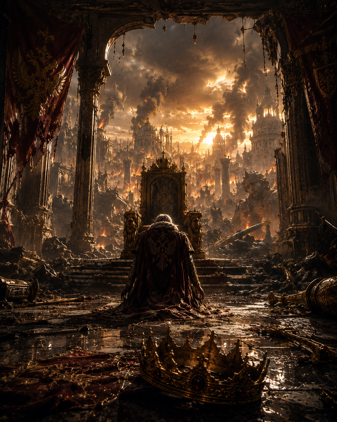A lone regal figure kneels before a blazing, ruined throne amid a burning, ornate throne room.