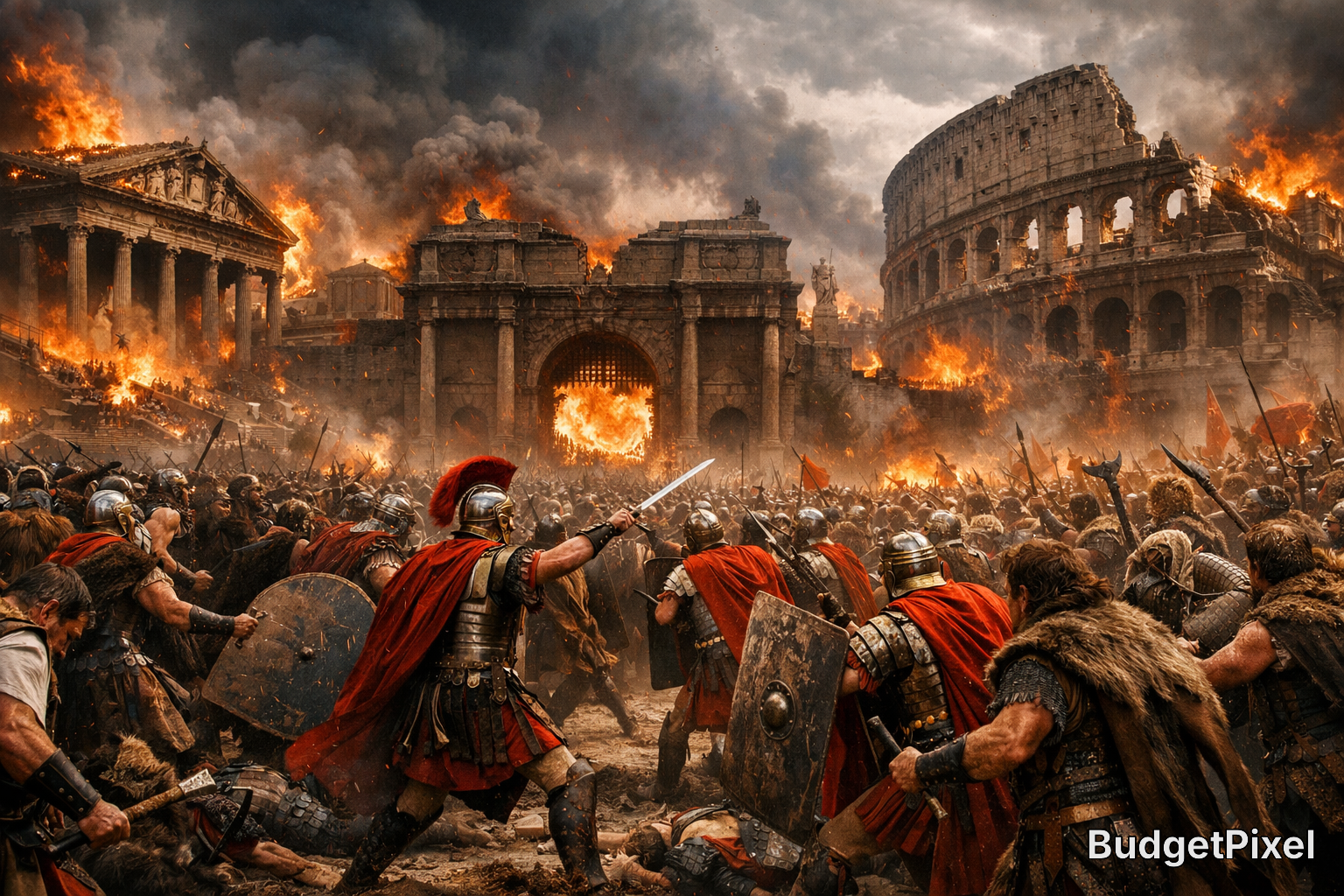 Ancient Roman soldiers in battle amid burning city ruins, with the Colosseum in flames.