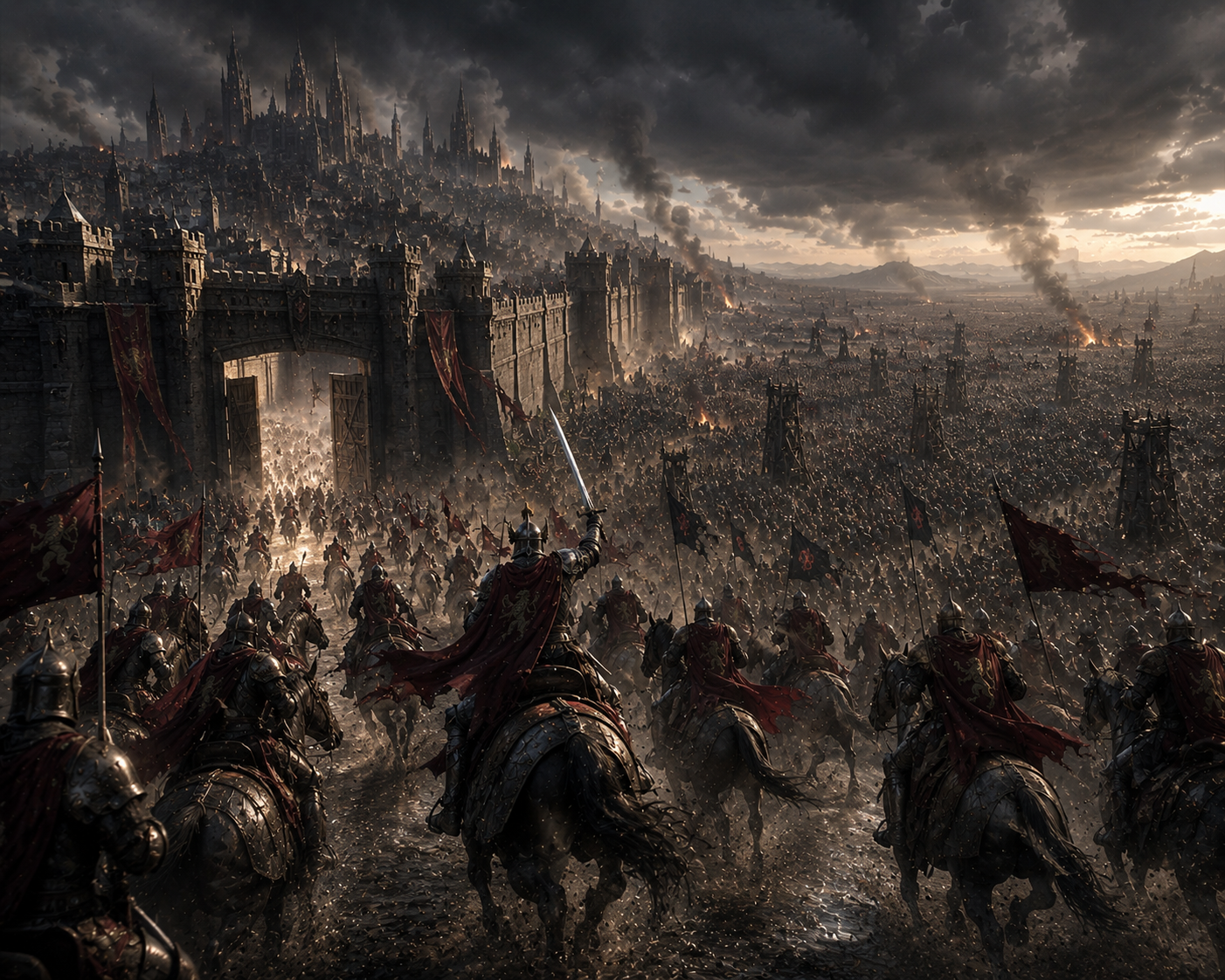 Epic medieval fantasy battle scene with armored cavalry charging a siege-walled city under dark, stormy skies.