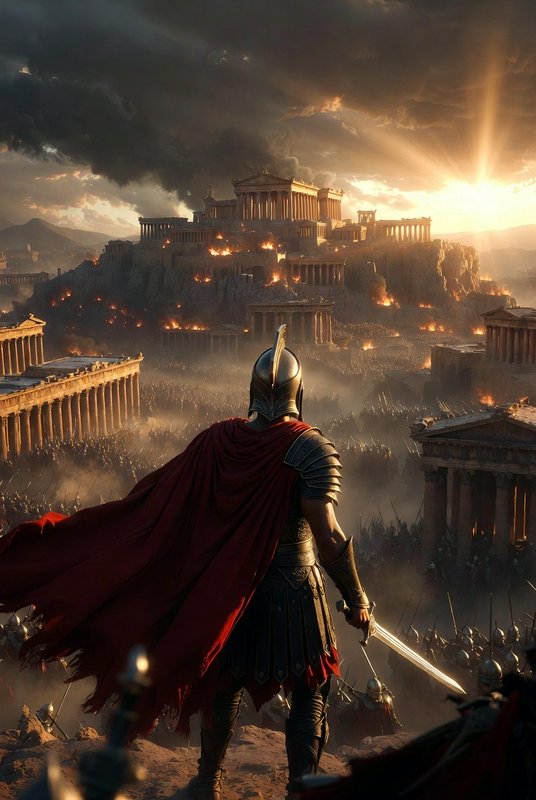 Armored warrior with red cape overlooking a burning ancient city and temple ruins at sunset.