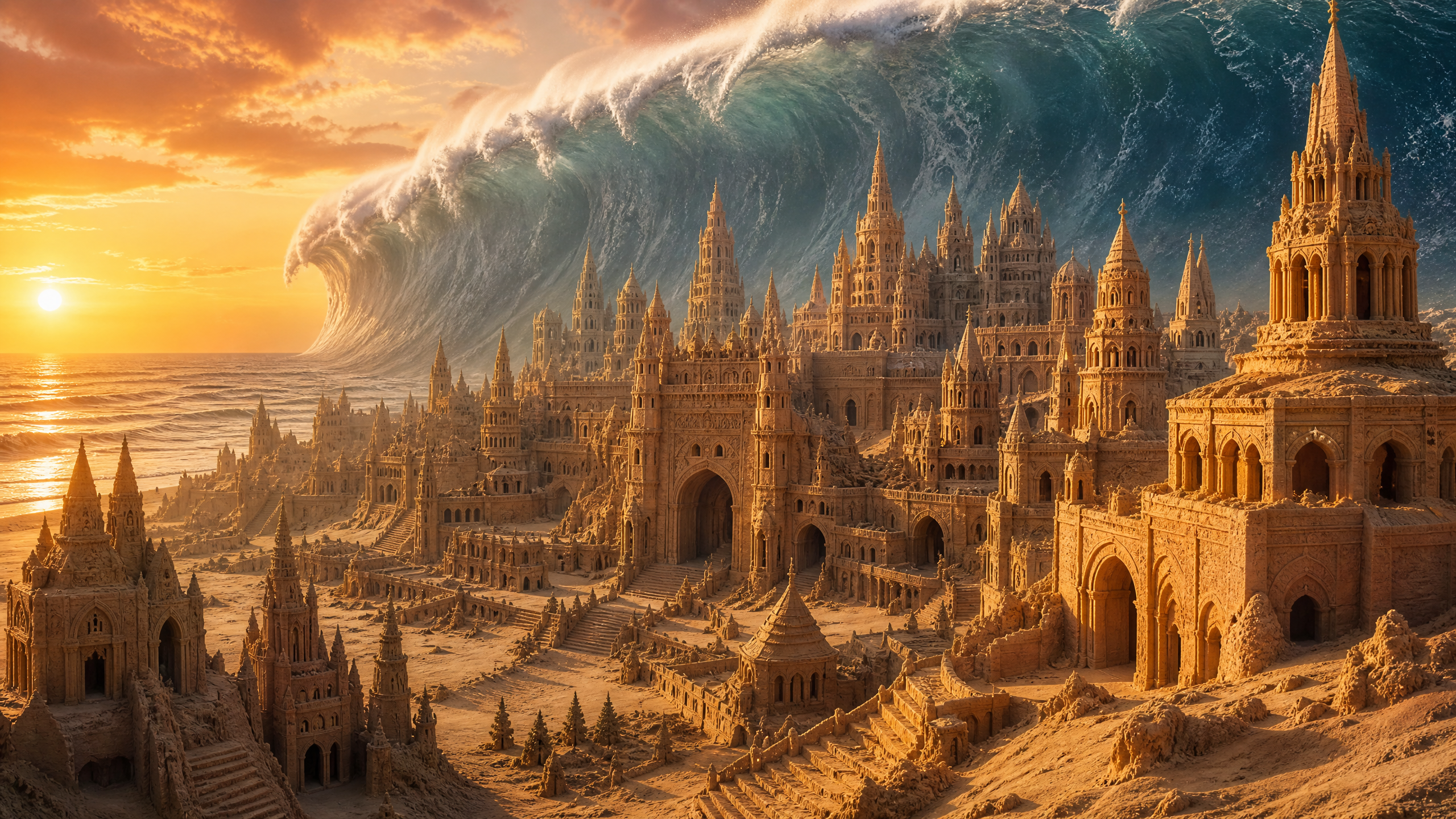 Grand sandcastle city with spires on the beach as a giant ocean wave looms at sunset.