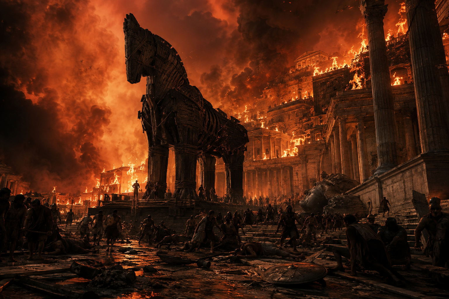 Ancient city in flames with a colossal horse statue amid burning ruins and crowds.