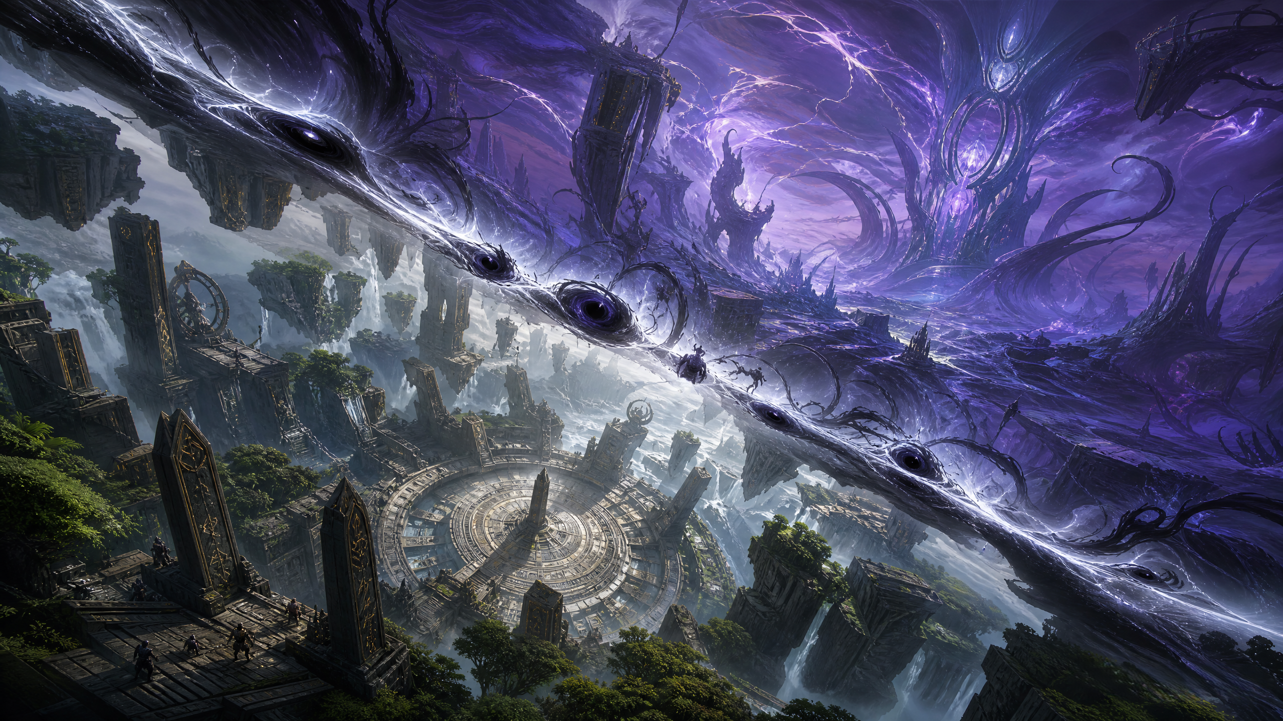 Surreal ruined city with circular temple rings and a purple cosmic storm above.