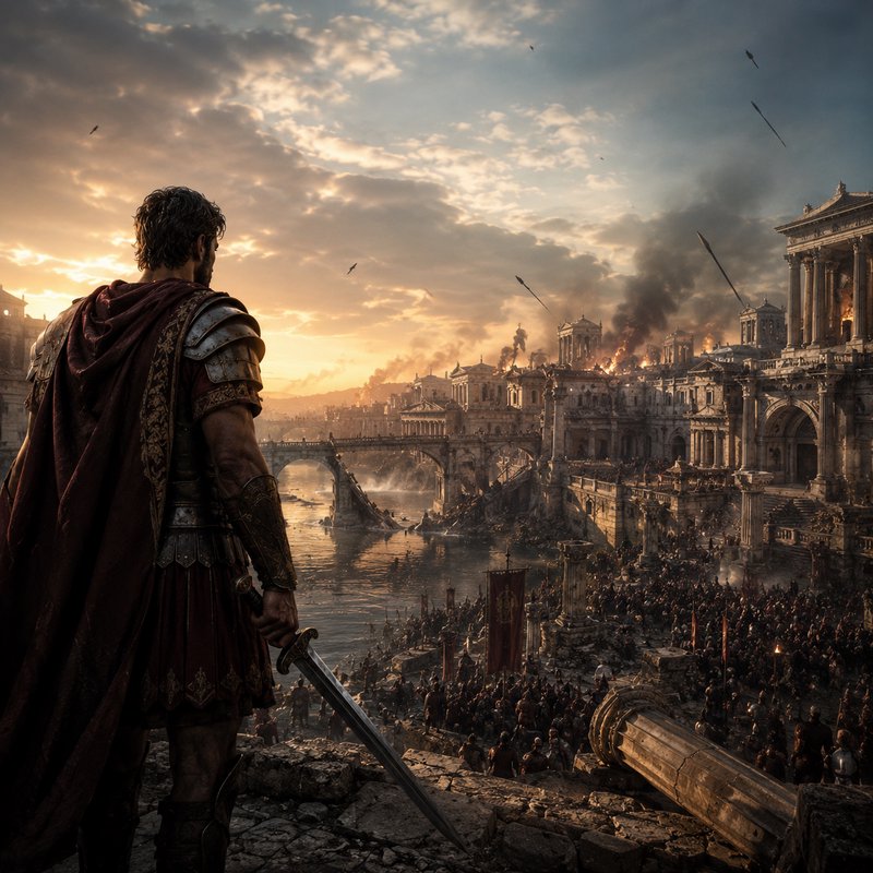 Armored warrior overlooking a burning ancient city and ruined bridge at sunset.
