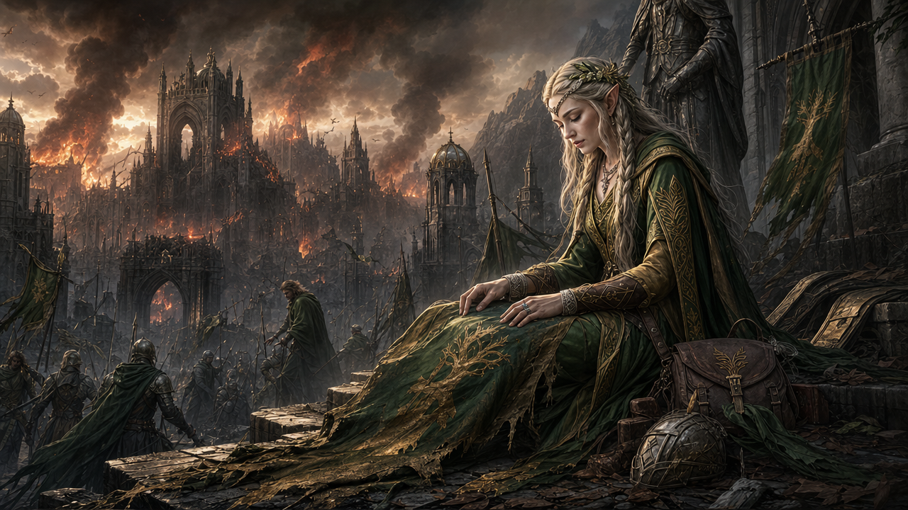Elven woman in a green gown sits among ruined, fiery medieval cityscape with dark clouds.