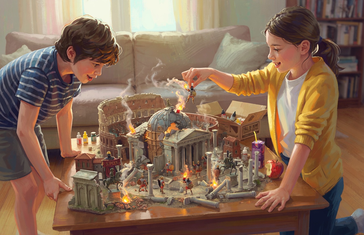 Two kids play with a detailed tabletop diorama of ancient ruins and miniature figures.
