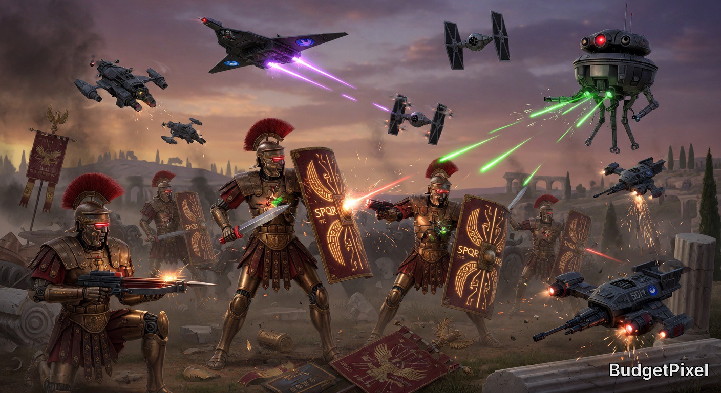 Ancient Roman legionaries clash with futuristic spacecraft in a sci-fi battle scene at dusk.