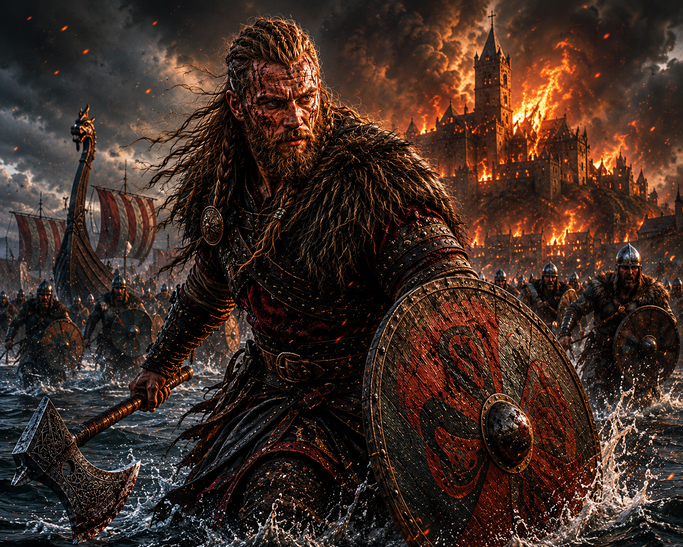 Viking warrior with axe and shield charging through crashing waves as a burning fortress looms behind.