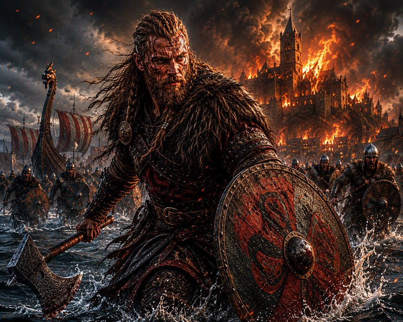 Viking warrior with axe and shield charging through crashing waves as a burning fortress looms be...