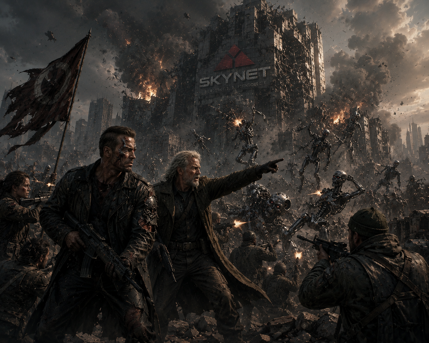 Post-apocalyptic battle scene with rugged heroes and attacking robots in front of a ruined Skynet building.