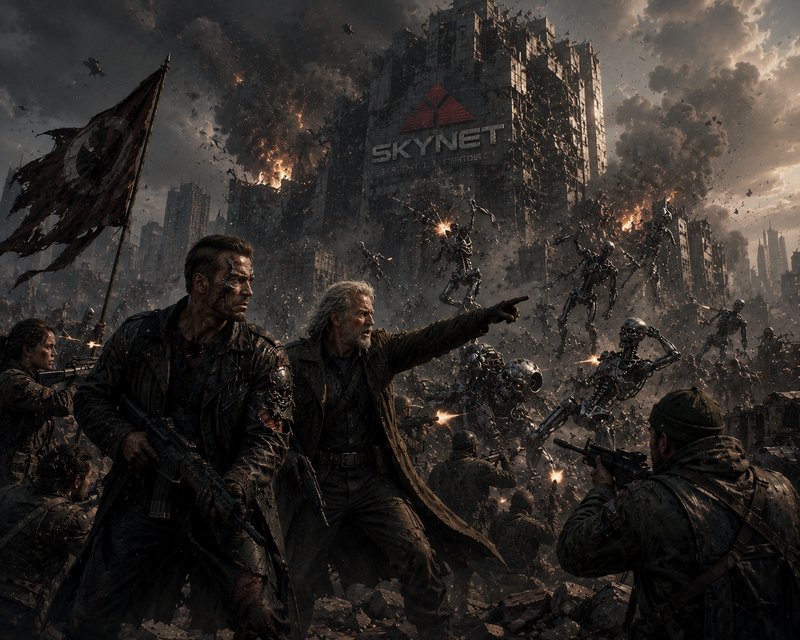 Post-apocalyptic battle scene with rugged heroes and attacking robots in front of a ruined Skynet...