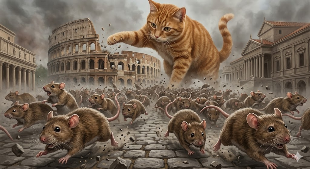 Giant orange cat leaps over a cobblestone street as rats scatter amid ancient Roman ruins.