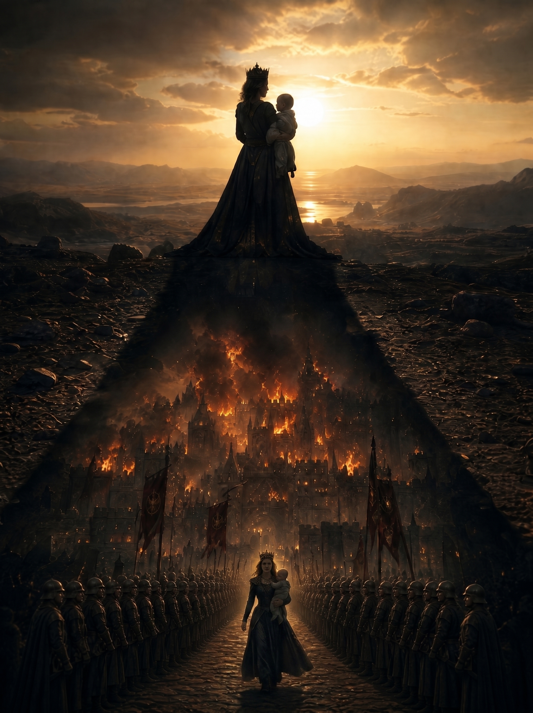 Silhouetted queen holding a child atop a cliff overlooking a fiery fortress and army below.