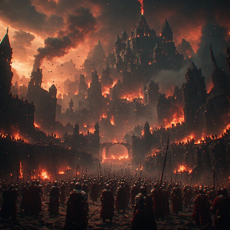 A fiery fortress city ablaze with towering spires as an army marches toward its burning gates.