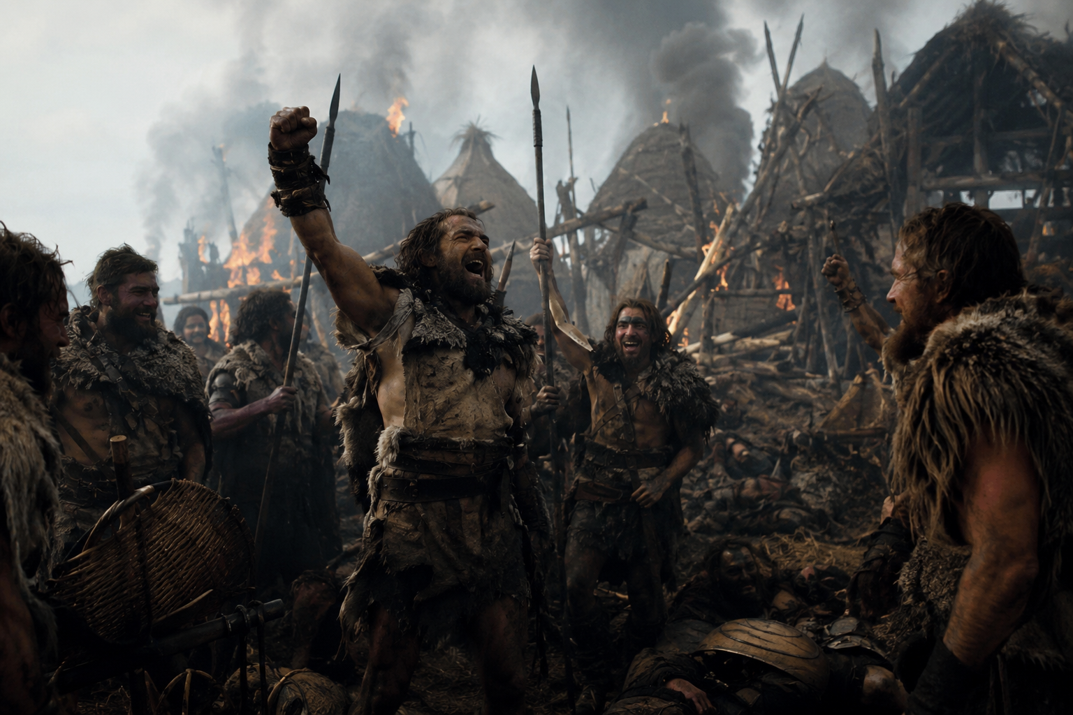 Group of prehistoric barbarians in fur and leather shouting with spears amid burning wooden huts.