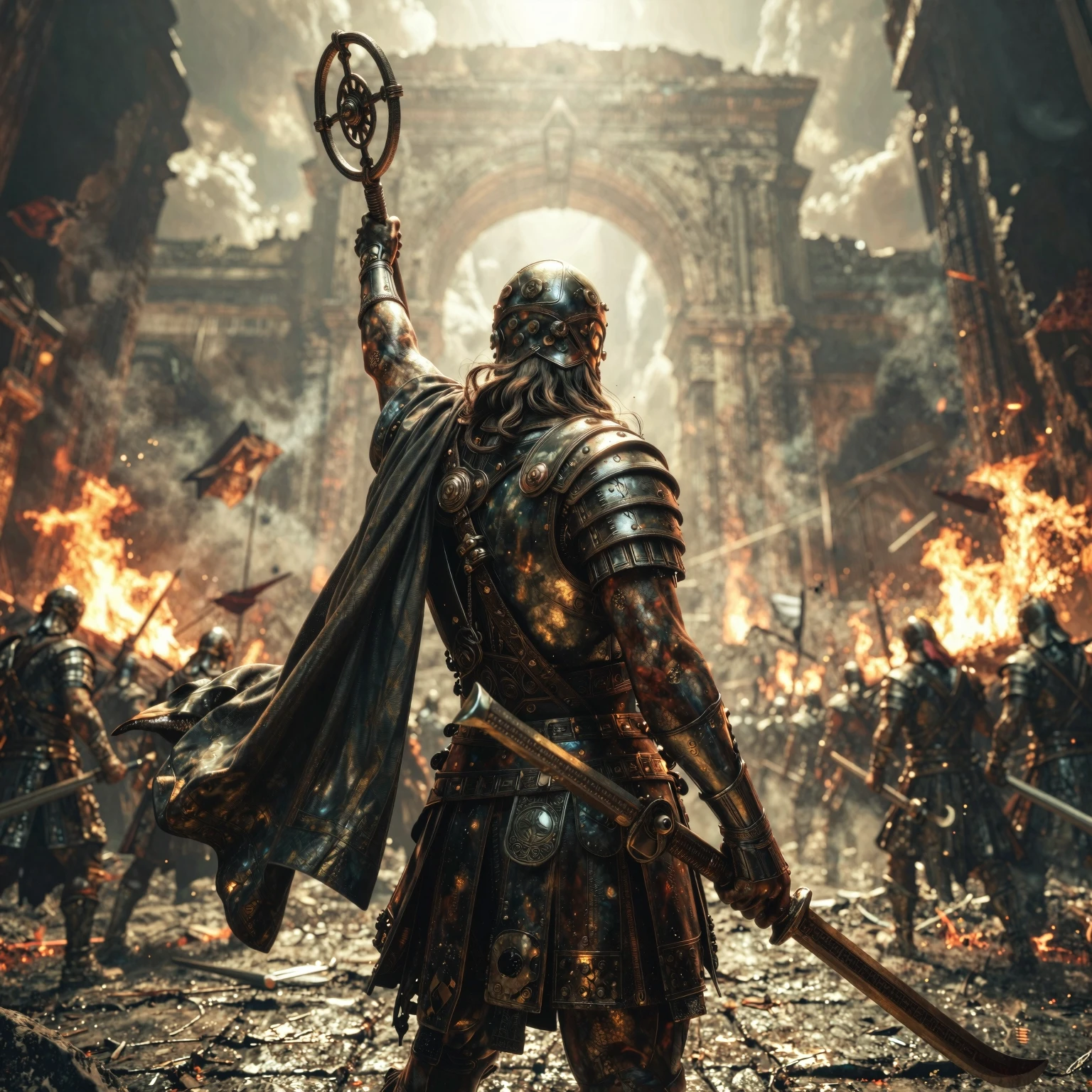 Armored medieval warrior raises a circular mace amid a burning, ruined battlefield and archway.