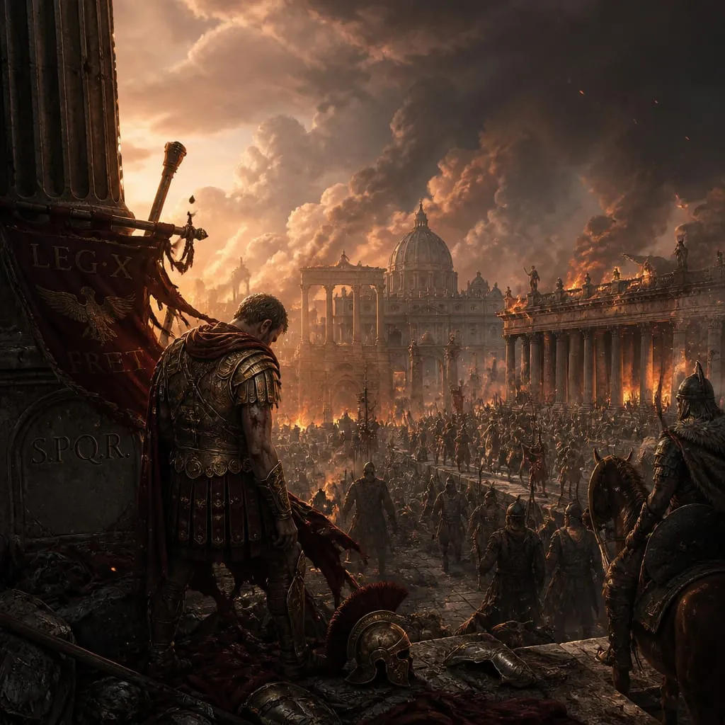 A fallen Roman-style general in ornate armor amid a burning, ruined ancient city with domed temples and marching soldiers.