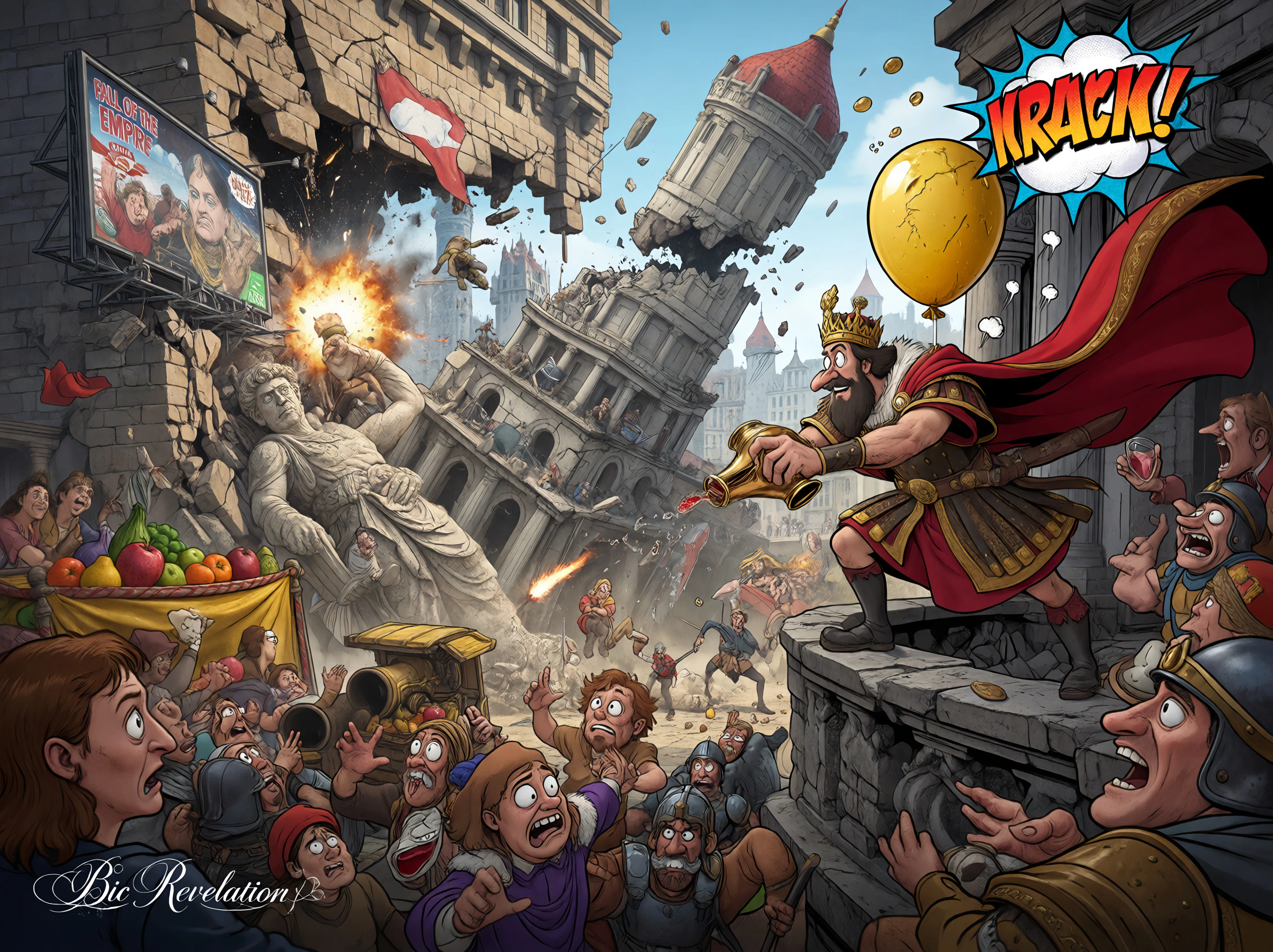 Cartoon medieval king on a ruined city balcony commands chaos amid collapsing buildings.