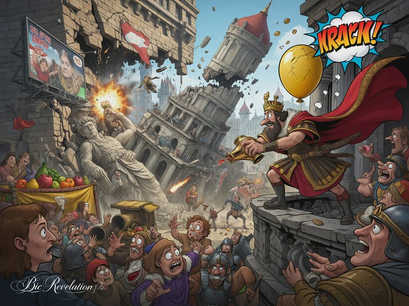 Cartoon medieval king on a ruined city balcony commands chaos amid collapsing buildings.