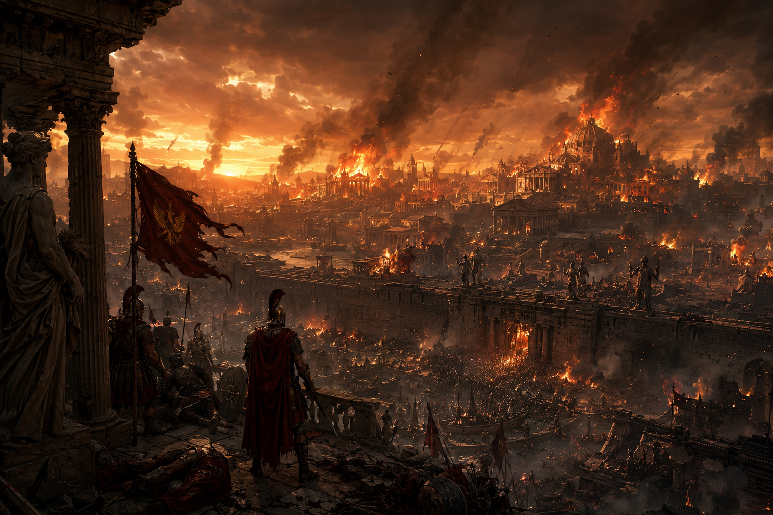 Dark fantasy battlefield engulfed in flames with ruined ancient city and silhouetted warriors