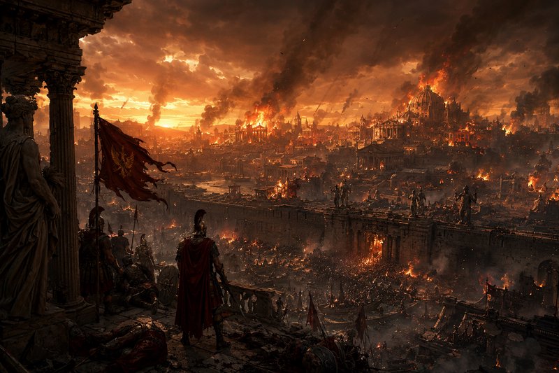 Dark fantasy battlefield engulfed in flames with ruined ancient city and silhouetted warriors
