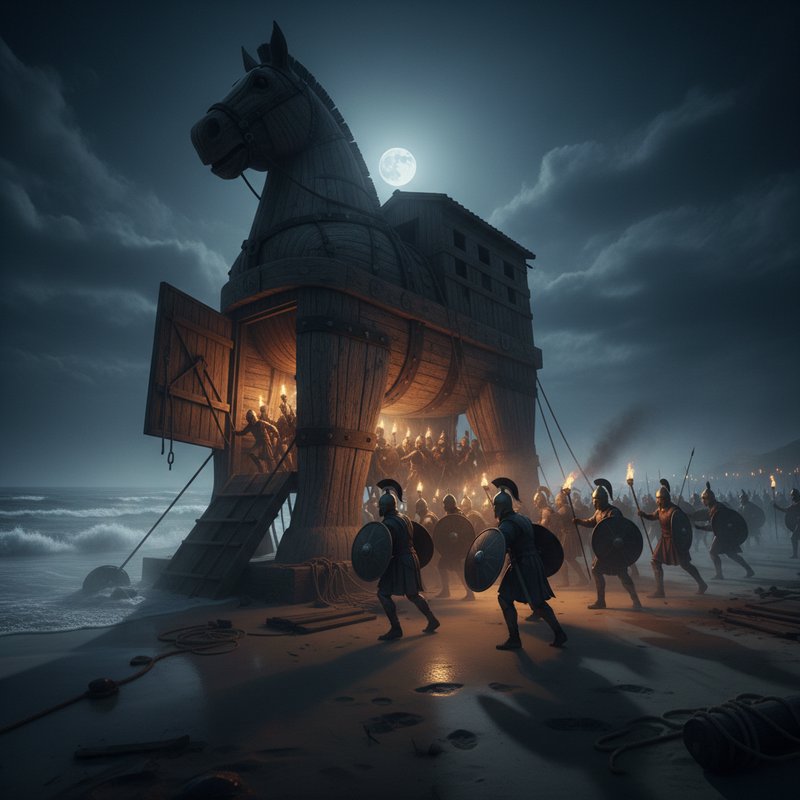 Nighttime siege scene featuring a giant wooden Trojan horse on a moonlit beach.