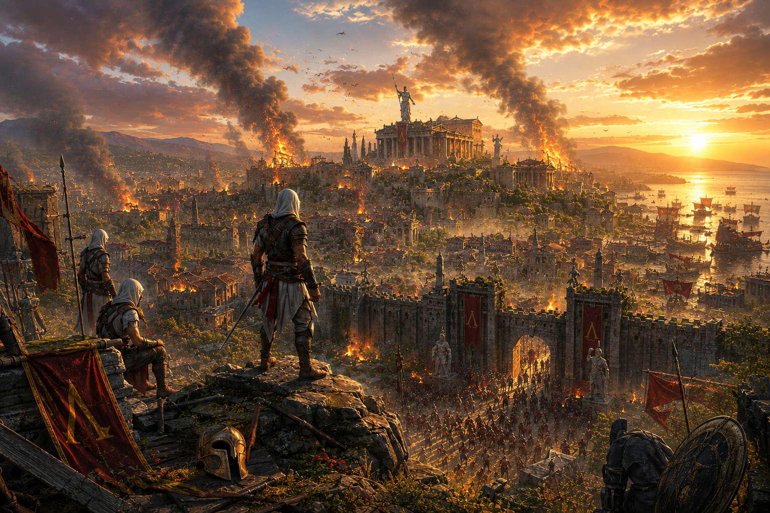 Epic fantasy siege scene with hooded warriors overlooking a burning ancient city at sunrise.