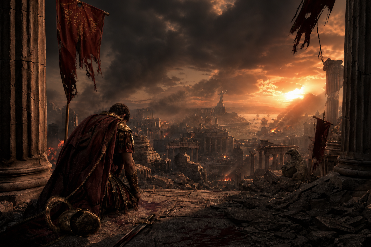 Battle-worn warrior kneels amid ancient ruined city at sunset.