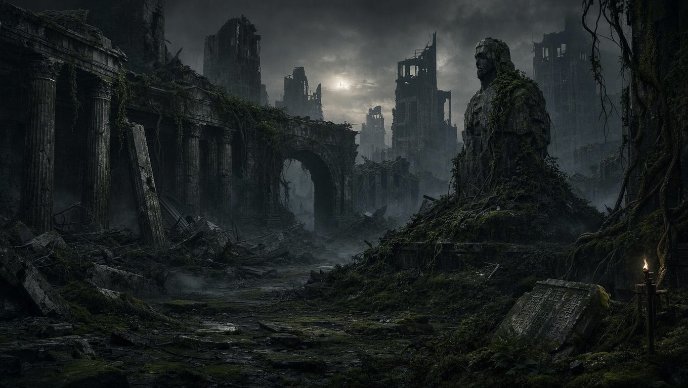 Ruined Gothic city ruins with a moss-covered statue in a foggy, overgrown landscape.