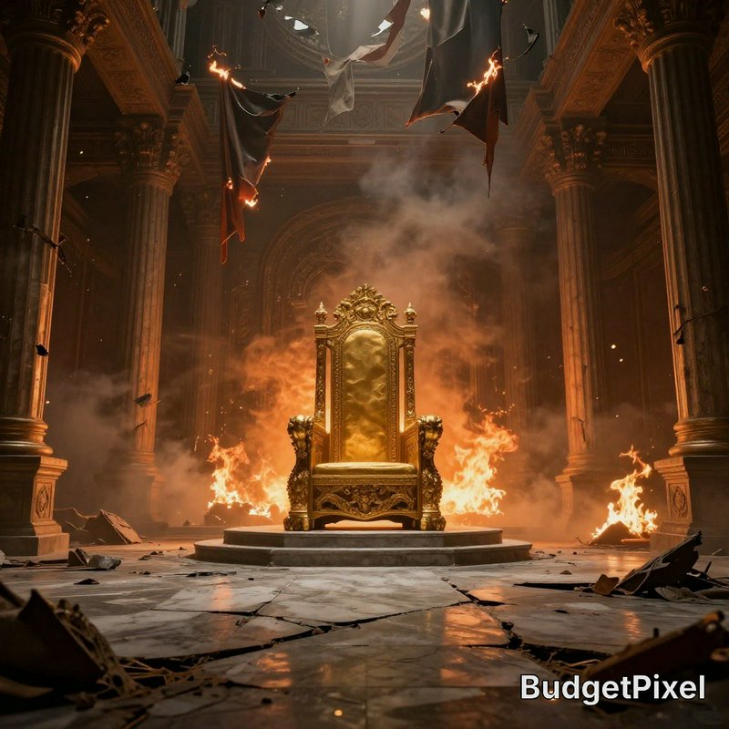 Ornate golden throne on a pedestal amid flames inside a grand ruined hall.
