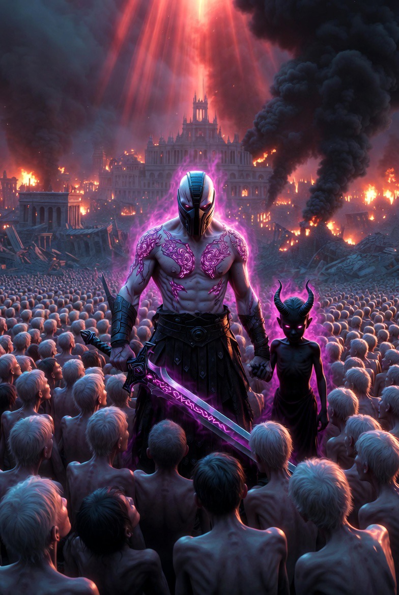 Muscular armored warrior with purple glow leads a horned figure through a burning, smoke-filled battlefield.