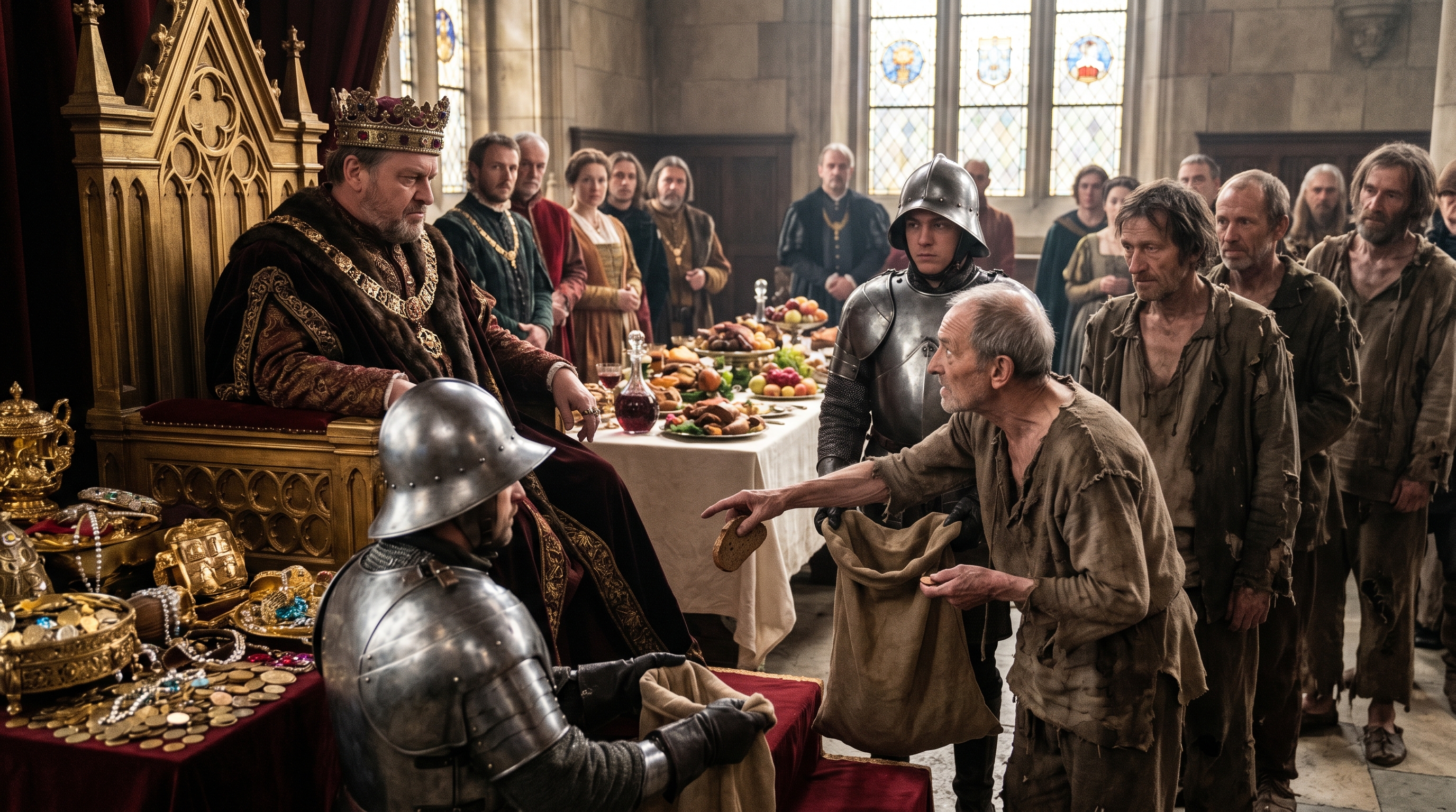 Medieval king on a throne receives a beggar in a grand hall with armored knights and a feast.