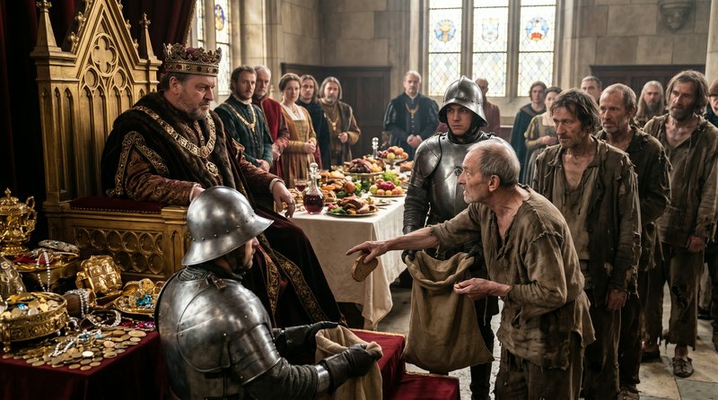 Medieval king on a throne receives a beggar in a grand hall with armored knights and a feast.