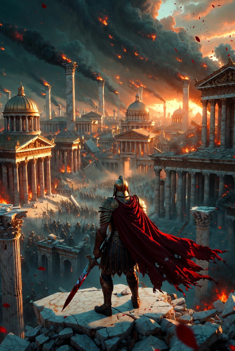Armored warrior with red cape overlooking burning ancient city ruins.