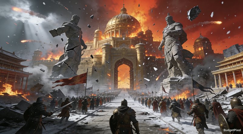 Epic fantasy battlefield with colossal statues, burning domed city, and soldiers charging through...
