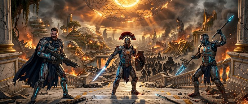 Three armored warriors with glowing swords stand on a ruined staircase amid a fiery apocalyptic c...
