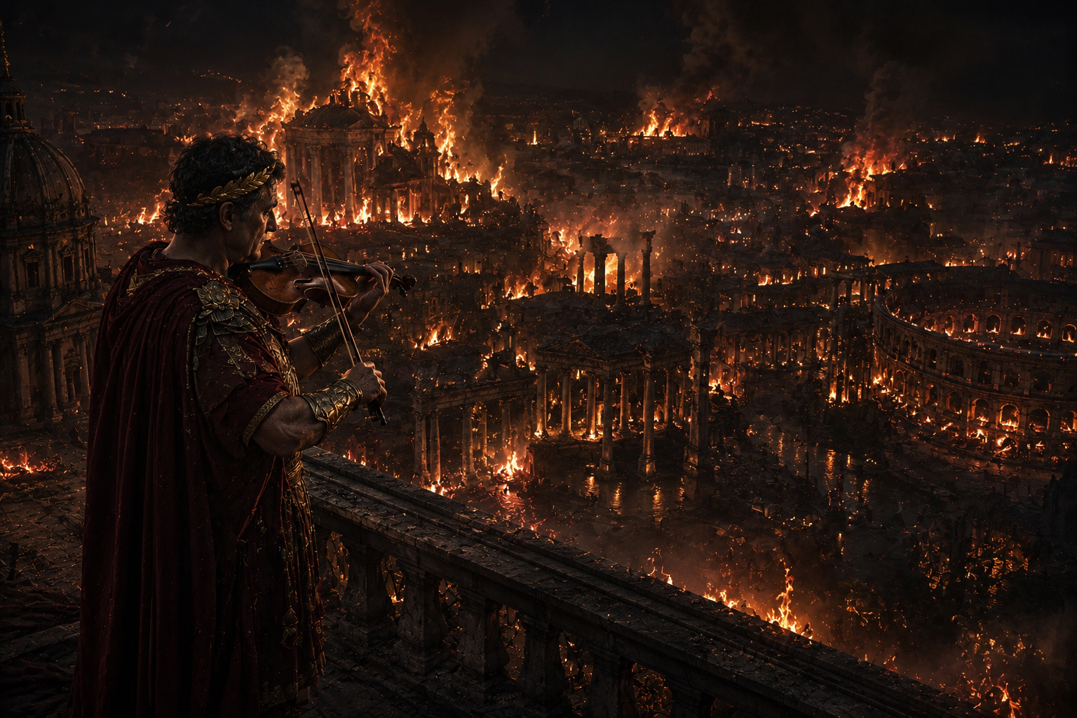 Roman-era musician in a red cloak playing violin atop a ruined balcony as a city burns at night.