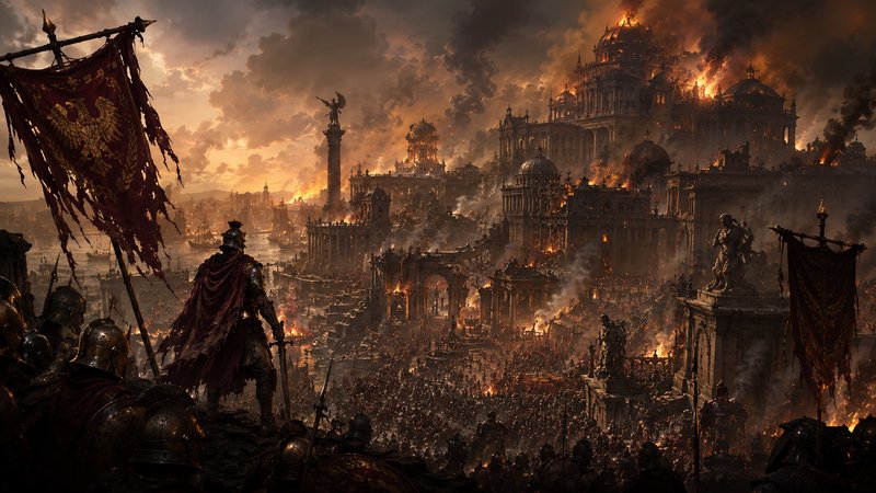Epic medieval siege scene with burning city, banners, and armored warriors on a ruined fortress.