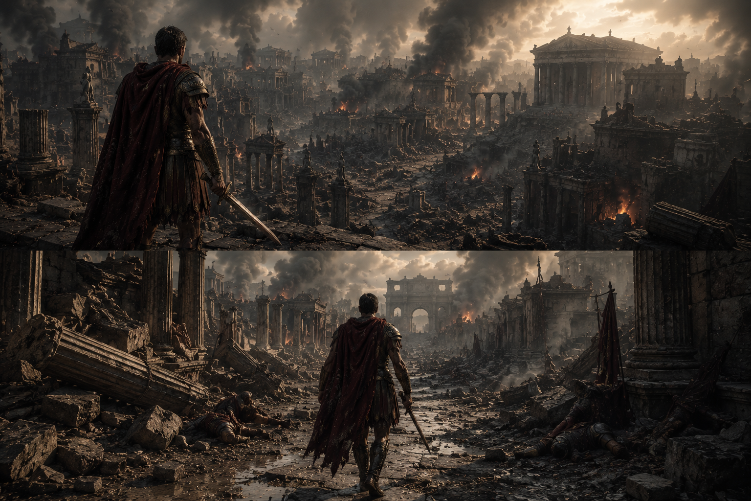 Armored warrior standing in a smoky, ruined ancient city with crumbling temples and fires.