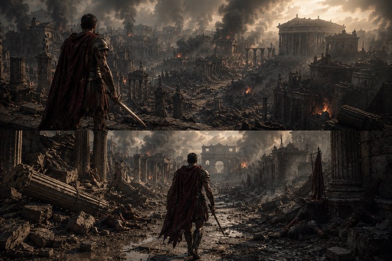 Armored warrior standing in a smoky, ruined ancient city with crumbling temples and fires.