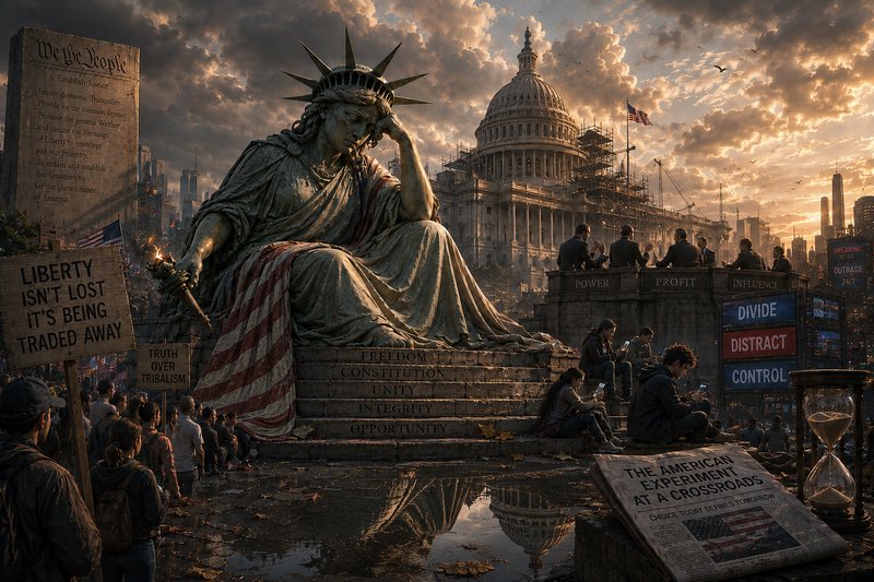 Statue of Liberty sits amidst a ruined city with the Capitol under scaffolding and crowds of prot...