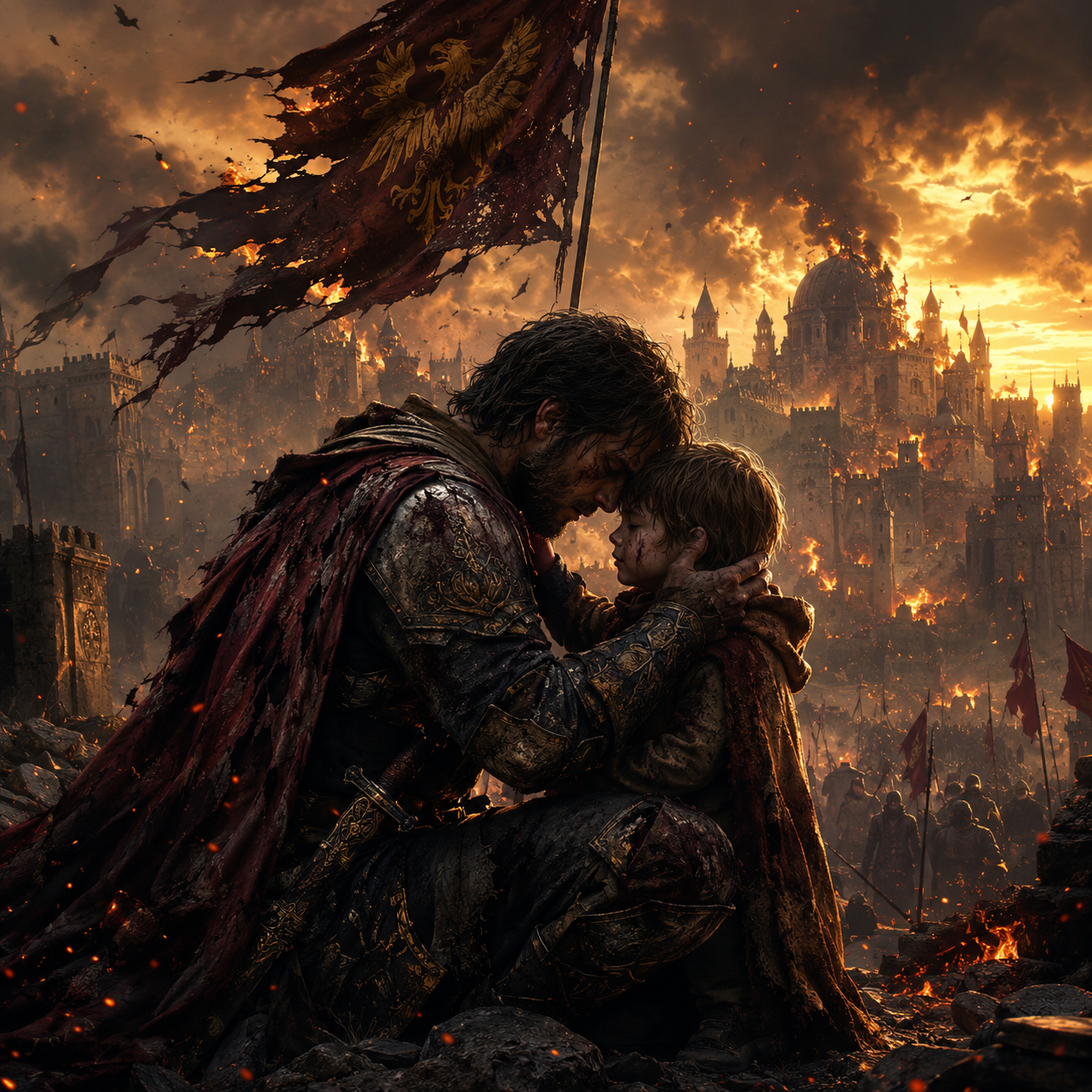 War-torn knight comforting a child amid a blazing medieval city ruins.