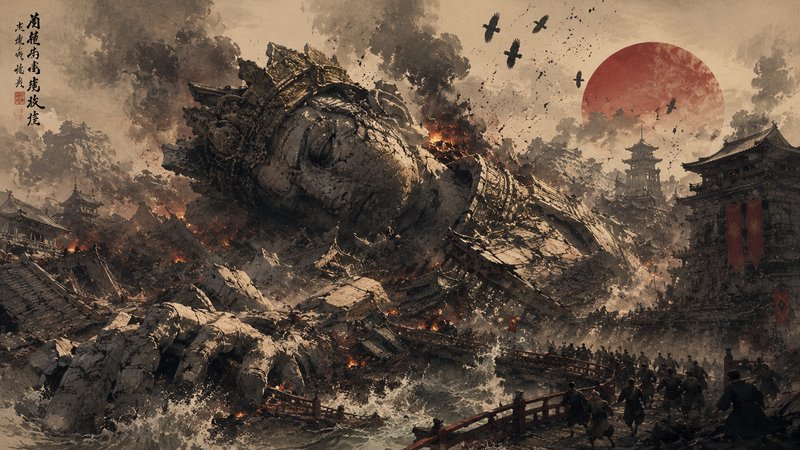 Massive shattered statue amid burning ruins and siege on a Chinese battlefield at sunset.