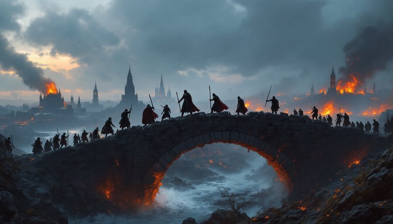 A dark medieval battle on a burning stone arch bridge with silhouetted warriors crossing.