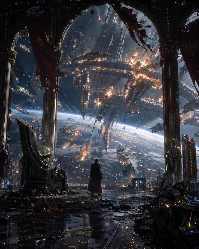 A lone cloaked figure stands in a ruined ornate chamber as a colossal burning spacecraft detaches...